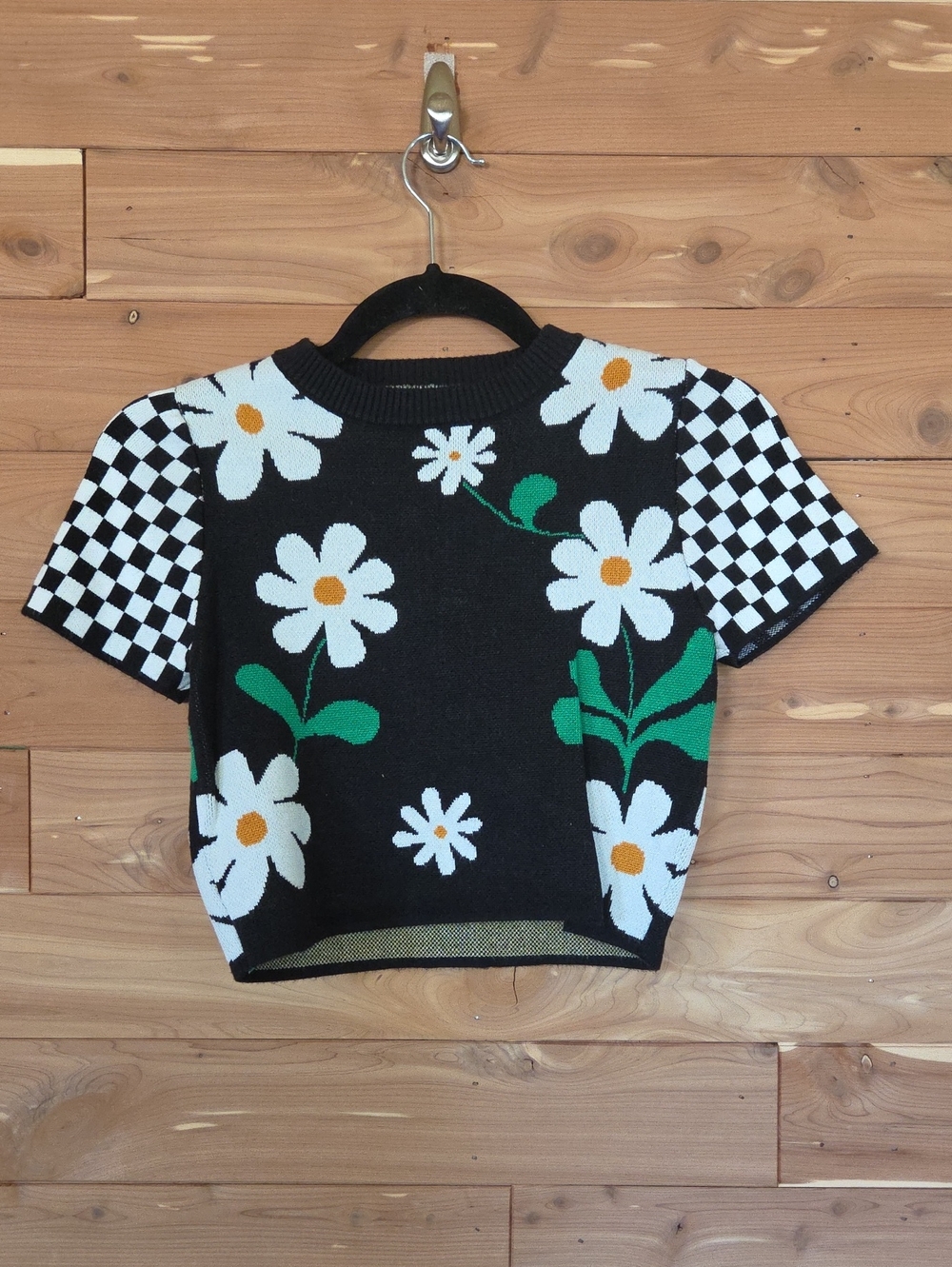 Black Daisy Knit Crop Top with Checker Sleeves - Kids